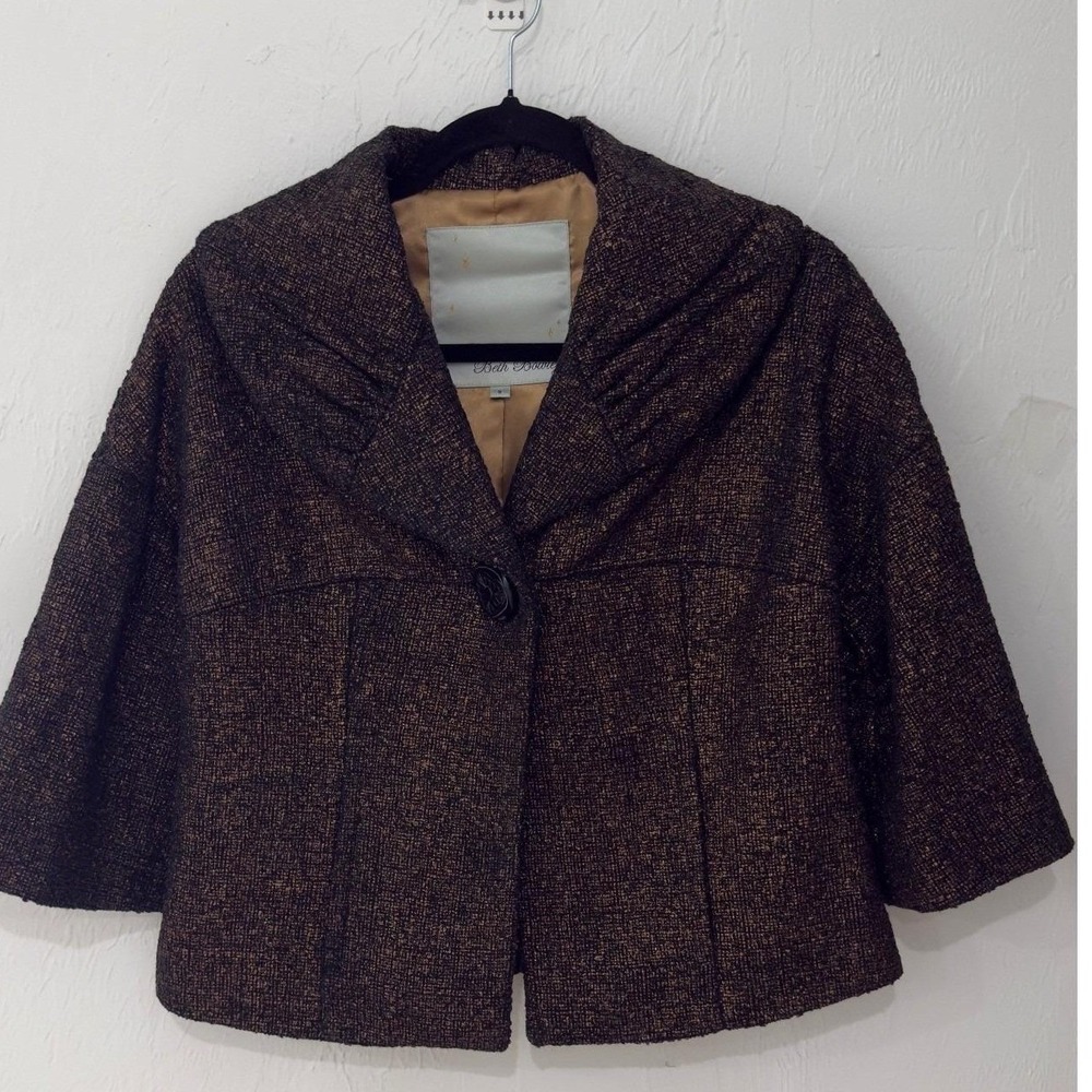 Anthropologie -Beth Bowley Vintage Bronze Metallic Wool Jacket Portrait Collar 8 - Picture 2 of 9
